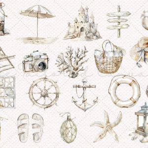 Puede incluir: Una colecci&oacute;n de ilustraciones de acuarela con temas de playa y mar, que incluyen una sombrilla de playa, un castillo de arena, una silla de playa, una c&aacute;mara, una estrella de mar, un salvavidas, una concha, una linterna, una botella, un par de sandalias, un tim&oacute;n, un ancla, una cesta, un sombrero, una pelota de playa y coral.