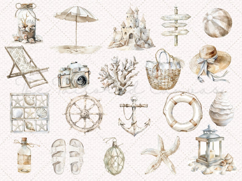 Puede incluir: Una colecci&oacute;n de ilustraciones de acuarela con temas de playa y mar, que incluyen una sombrilla de playa, un castillo de arena, una silla de playa, una c&aacute;mara, una estrella de mar, un salvavidas, una concha, una linterna, una botella, un par de sandalias, un tim&oacute;n, un ancla, una cesta, un sombrero, una pelota de playa y coral.