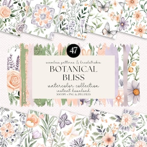Botanische Bliss Nahtloses Blumenmuster Bundle, Aquarell Pinselstriche Clipart, Pastell Boho Blumen PNG JPEG Sofort-Download