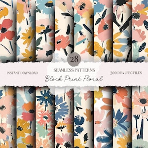 May include: A set of 28 seamless floral patterns in a block print style. The patterns feature a variety of flowers in shades of pink, blue, yellow, and green on a cream background. The text "28 Seamless Patterns Block Print Floral" is displayed in the center of the image.