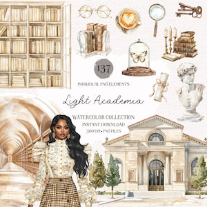 Aquarel Light Academia clipart bundel - Bookworm clipart, Light Academic, Light Academia Fashion, vintage graphics, scrapbooking