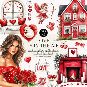 Aquarell Valentinstag Clipart Bundle | Romantische Clip Art PNG | Digital Download Aufkleber | Kommerzielle Nutzung | Liebe Grafik