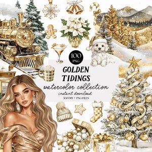 以下が含まれることがあります： 「GOLDEN TIDINGS」と題されたデジタル水彩コレクション。クリスマスと冬をテーマにした様々なイラストが特徴です。金色の列車、クリスマスツリー、子犬、その他の金と白のフェスティバル要素が含まれています。
