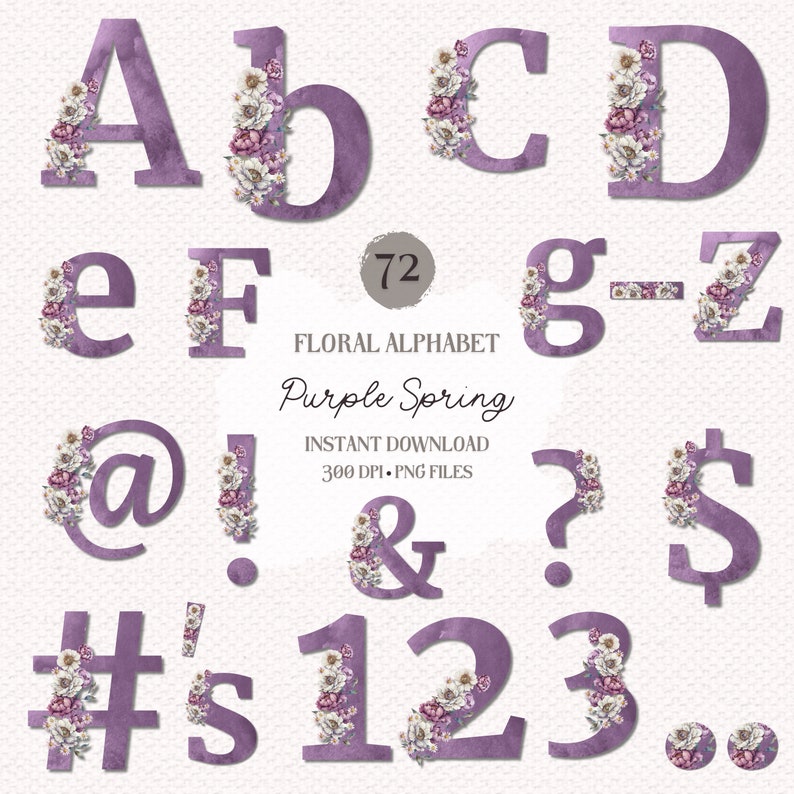 Purple Floral Alphabet PNG Set: Watercolor Spring Monogram (digital ...