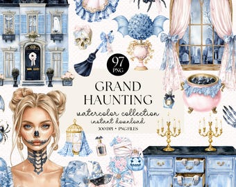 Grand Haunting Halloween Watercolor Clipart: Vintage Ghosts, Haunted House (PNG Bundle)