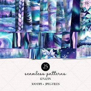 May include: A set of 25 digital seamless patterns featuring watercolor winter scenes in shades of blue, purple, and pink. The patterns include snowflakes, trees, and a starry night sky. The text "25 seamless patterns" is displayed in black on a white background. The text "12 x 12 in" is displayed in black on a white background. The text "300 DPI - JPEG FILES" is displayed in black on a white background.
