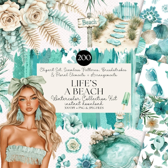 Watercolor Beach Clipart Bundle: Summer Florals, Shells, PNGs (Digital Download)
