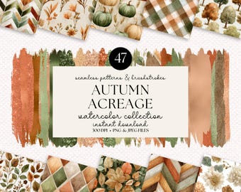 Könnte beinhalten: Eine Sammlung von 47 nahtlosen Mustern und Pinselstrichen zum Thema Herbst. Die Muster umfassen Kürbisse, Blätter und Karomuster in Orange-, Grün- und Brauntönen. Der Text "AUTUMN ACREAGE" wird auf weißem Hintergrund angezeigt.