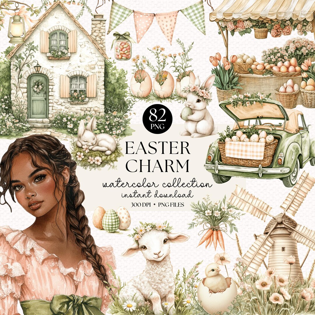 Watercolor Easter Clipart Bundle: Cottagecore Bunny & Floral PNG ...