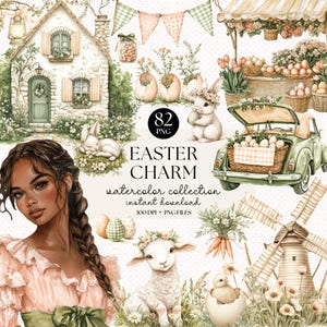 Paquete de imágenes prediseñadas de acuarela de Pascua, PNG de estética vintage de primavera, huevo de conejito de Pascua de estilo cottagecore, sublimación de granja floral, descarga instantánea