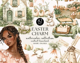 May include: A watercolor illustration set featuring 82 Easter-themed images. The set includes a cute cottage, a bunny, a lamb, a chick, a windmill, a car, a market stall, and a woman with a braid. The images are perfect for creating Easter cards, invitations, and other crafts.