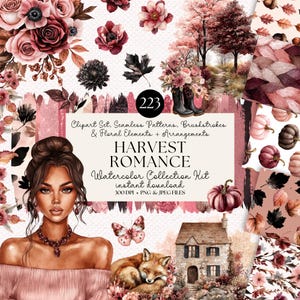 May include: A digital art collection titled "HARVEST ROMANCE" featuring watercolour illustrations. The image includes floral elements, seamless patterns, and brushstrokes in shades of pink, burgundy, and brown. A woman's portrait, pumpkins, and a sleeping fox are also depicted.