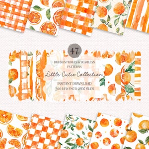 Pode incluir: Um download digital de 47 padrões de laranja e frutas cítricas em aquarela. Os padrões incluem padrões sem costura, pinceladas e xadrez vichy. Os padrões são perfeitos para criar projetos digitais ou impressos.