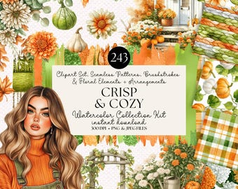 Puede incluir: Un kit de colección digital de acuarela con el texto "CRISP & COZY" y "descarga instantánea". La imagen presenta imágenes prediseñadas con temática otoñal, patrones sin costuras y elementos florales, incluyendo calabazas, flores y follaje.