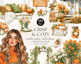 Autumn Watercolor Clipart Bundle: Pumpkin, Floral, Harvest PNG (Instant Download