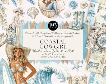 Coastal cowgirl-clipartbundel: aquarel strandwestern-graphics (digitale download)