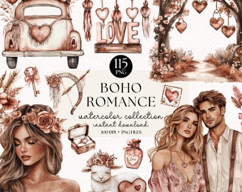 Boho Romance Watercolor Clipart: Valentine&#39;s, Wedding, Love (PNG, Digital Download)