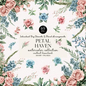 Aquarel bloem clipartset – 65 png-pastelrozen en botanische elementen voor huwelijksuitnodigingen en scrapbookingkunst, roze en blauwe bloemen