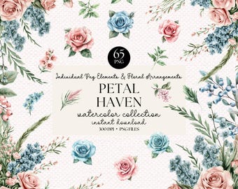 Aquarell Blumen Clipart Set: Pastell Rosen & Botanische PNGs (Digitaler Download)