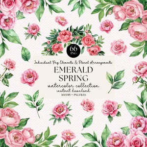 Emerald Spring Watercolor Floral Clipart Bundle with PNG Flowers and Greenery for Invitations Scrapbooking and Sublimation Crafts
