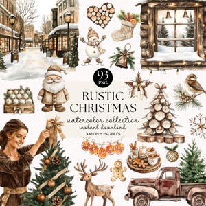 Paquete de imágenes prediseñadas navideñas rústicas en acuarela: arte festivo, Navidad neutra, imágenes prediseñadas navideñas, Navidad acogedora, decoración navideña, álbumes de recortes