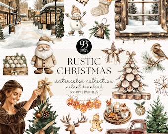 May include: A collection of 93 watercolor illustrations featuring rustic Christmas elements. The illustrations include a snowman, a Christmas tree, a reindeer, a gingerbread man, a truck, a cabin, a Santa Claus, a woman decorating a Christmas tree, and more.