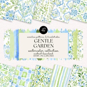 Lot de papier numérique floral aquarelle printanier, motifs sans couture et coups de pinceau, aquarelle florale bleu-vert, motifs cottagecore