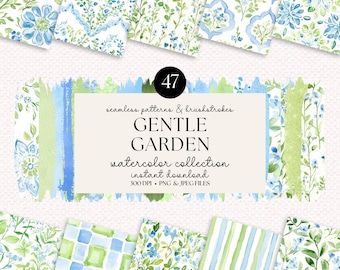 Watercolor Floral Digital Paper: Blue Green Seamless Patterns (Digital Download)