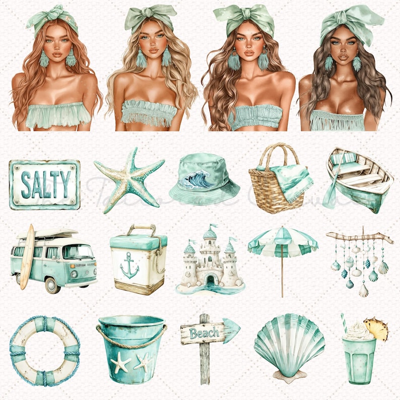 May include: Watercolor illustrations of beach-themed items in shades of teal and white. Includes portraits of women, a sign that says "Salty", a starfish, a bucket hat, a picnic basket, a rowboat, a van with a surfboard, a cooler, a sandcastle, an umbrella, a life preserver, a bucket, a sign that says "Beach", a seashell, and a drink.