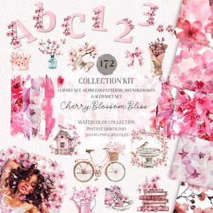 Paquete de colección de arte Cherry Blossom - Sakura Pngs de alta calidad, colección de primavera, uso comercial, patrones de acuarela, imágenes prediseñadas, letras