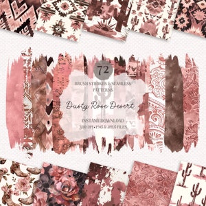 May include: A digital download of 72 dusty rose desert themed brush strokes and seamless patterns. The patterns include cacti, geometric designs, and floral elements. The text "Dusty Rose Desert" is featured in the centre of the image.