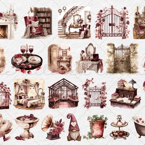May include: Watercolor illustrations of romantic scenes, including a fireplace, library, staircase, and dining table. Other images include a greenhouse, a hot air balloon, and a swan couple. The color palette is soft, with shades of pink and brown.
