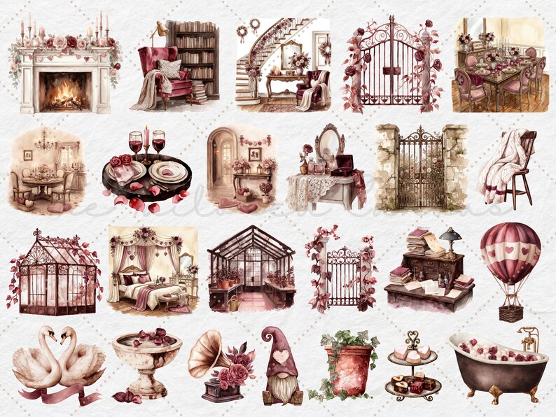 May include: Watercolor illustrations of romantic scenes, including a fireplace, library, staircase, and dining table. Other images include a greenhouse, a hot air balloon, and a swan couple. The color palette is soft, with shades of pink and brown.