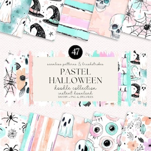 Pastel Halloween Patterns and Brushstrokes Bundle - 47 High Quality PNG & JPEG, Watercolor Digital Papers, Halloween Clipart Collection