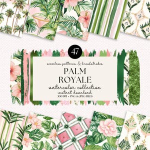 Puede incluir: Una colección de patrones de acuarela con diseños tropicales. Los patrones incluyen palmeras, flores de hibisco y formas geométricas en tonos verdes, rosas y blancos. El texto "PALM ROYALE watercolor collection" se muestra en el centro.