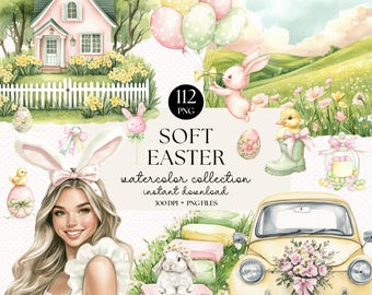 Watercolor Easter Clipart Bundle: Bunny, Chick, Eggs, and Florals (PNG Digital Download)