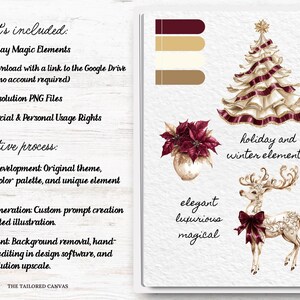May include: Digital illustrations for festive and winter designs, featuring a Christmas tree, poinsettia, and a deer with a bow. Text includes "holiday and winter elements", "elegant, luxurious, magical", and "what's included".