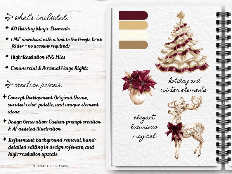 May include: Digital illustrations for festive and winter designs, featuring a Christmas tree, poinsettia, and a deer with a bow. Text includes "holiday and winter elements", "elegant, luxurious, magical", and "what's included".
