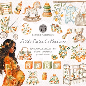 Little Cutie Clipart Bundle - Hochwertige PNGs, Aquarell-Mandarine-ClipArt, orangefarbene Babyparty-Einladung, Zitrus-Babyparty