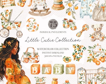Watercolor Tangerine Clipart Bundle: Little Cutie Baby Shower PNGs (Digital Download)