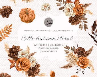 Watercolor Autumn Floral Clipart Bundle: Boho Fall Flowers (PNG Digital Download)