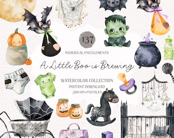 Halloween Baby Shower Clipart - A Little Boo is Brewing Watercolor, Baby is Brewing, Baby Shower Invitation Art