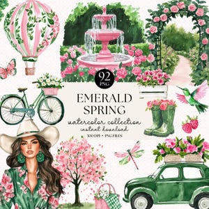 Smaragd Frühling Aquarell Clipart Sammlung - Blumengarten PNG Set mit Heißluftballon, Fahrrad & Blumenmarkt | Frühling Digital Download