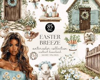 May include: A watercolor illustration set featuring 85 Easter-themed images. The set includes a variety of elements, such as a cute lamb, a hedgehog, a duck, a girl with brown hair, a house with a blue door, a cupcake, and a nest with eggs. The illustrations are perfect for creating Easter cards, invitations, and other crafts.
