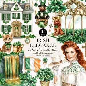 Clipart acquerello di eleganza irlandese / 114 illustrazioni PNG di San Patrizio / Arte digitale irlandese vintage / Grafica di trifoglio e folletto