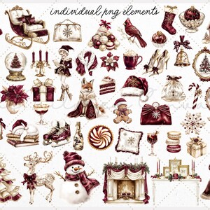 May include: A selection of watercolour Christmas illustrations. The image includes festive elements such as a sleigh, ornaments, a snowman, a Christmas tree, and Santa Claus, all in a burgundy and gold colour scheme.