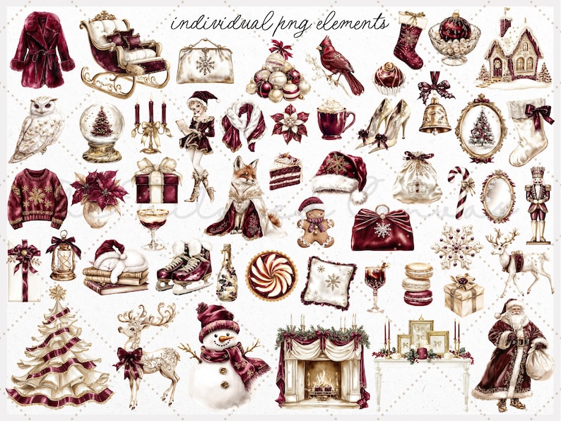 May include: A selection of watercolour Christmas illustrations. The image includes festive elements such as a sleigh, ornaments, a snowman, a Christmas tree, and Santa Claus, all in a burgundy and gold colour scheme.