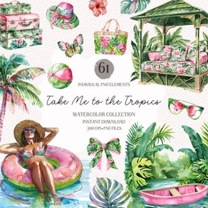 Clipart de verano rosa y verde de acuarela - Clip art de verano pngs, gráficos tropicales, diseños de sublimación, pegatinas digitales, descarga instantánea