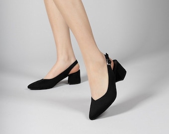 Black Suede Block Heel Shoes, Handmade Slingbacks