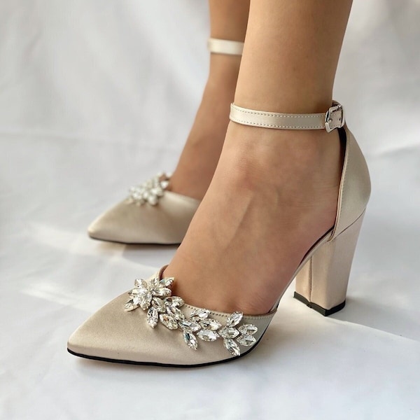 Beige Block Heels, Beige Heels, Wedding Shoes, Low Heels,Ankle Strap,Shoes For Girls, Satin,Stiletto,Bridal Heels, Beige Block Heels Sandals